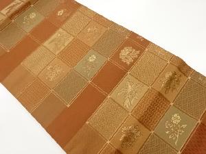 格子に鳥・草花模様織出し名古屋帯